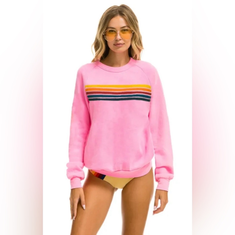 Aviator Nation neon pink 5 stripe crew sweatshirt size XS